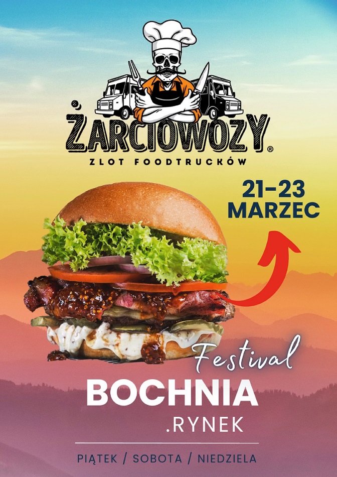 Plakat informujący o zlocie foodtrucków w Bochni - szczegóły w poście. Plakat przedstawia burgera na tle górskiego krajobrazu