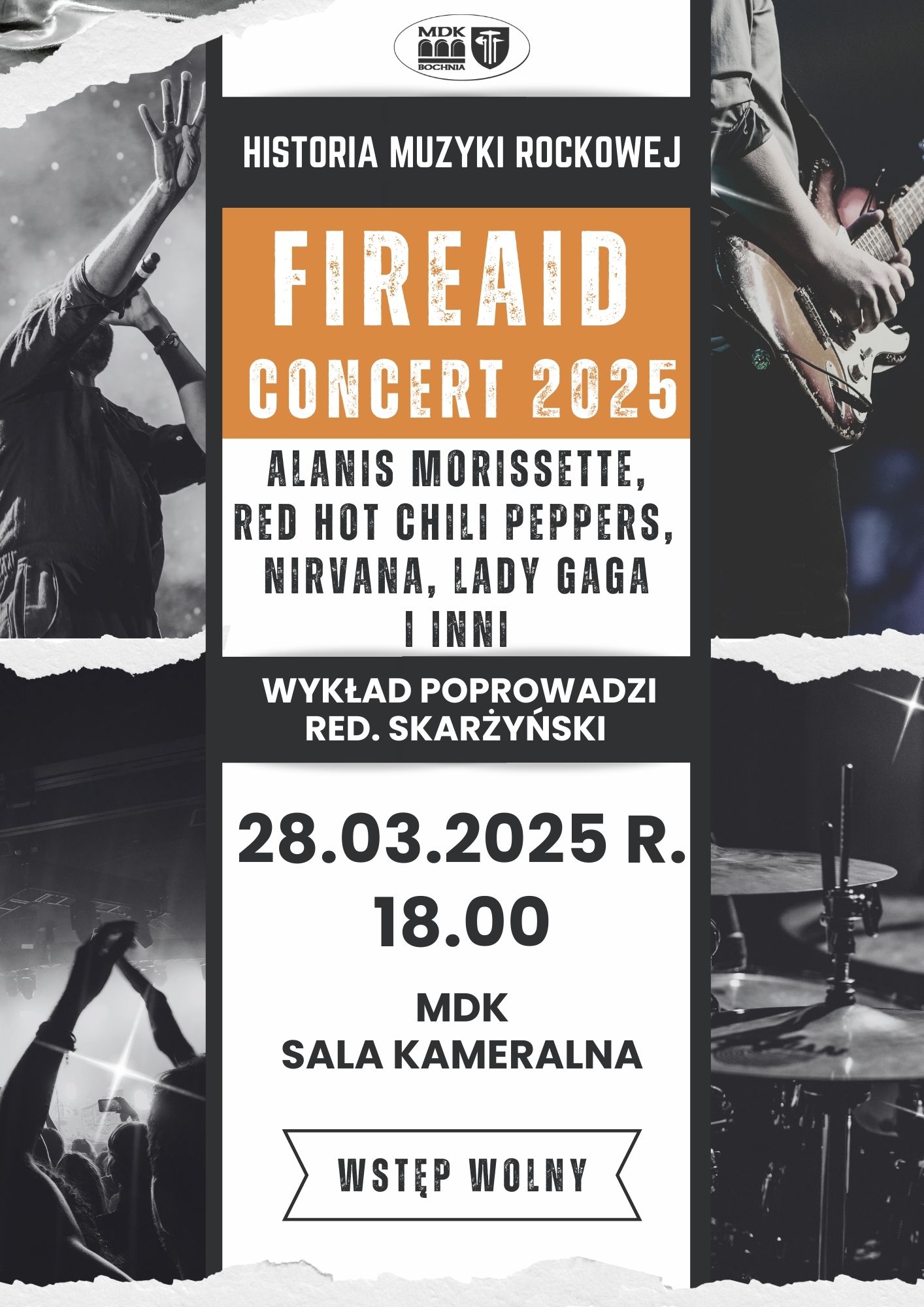 Plakat informujący o spotkaniu z cyklu "Ilustrowana muzyką histroia rocks" - 28.03.2025 r. o godz 18 - szczegóły w poście