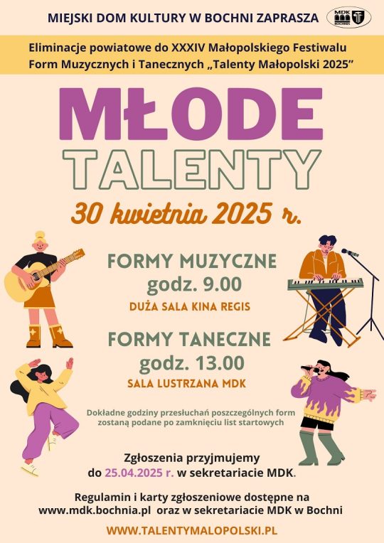 Plakat informujący o przeglądzie Młode Talenty - szczegóły w poście