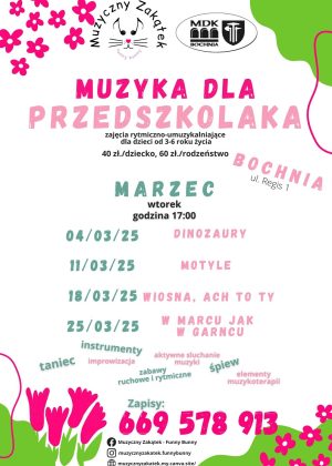 Plakat przedstawiający harmonogram muzyki dla przedszkolaka na marzec