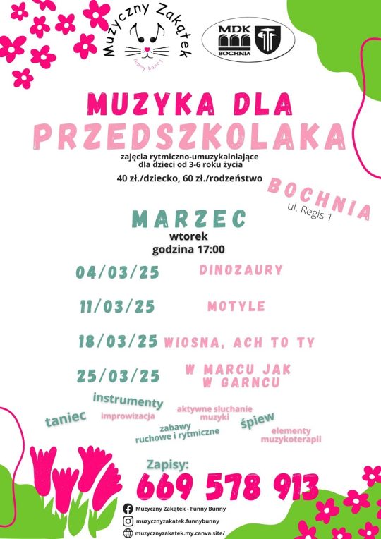 Plakat przedstawiający harmonogram muzyki dla przedszkolaka na marzec