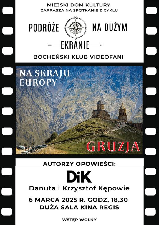 Plakat informujący o spotkaniu z cyklu Podróże na dużym ekranie - szczegóły w poście