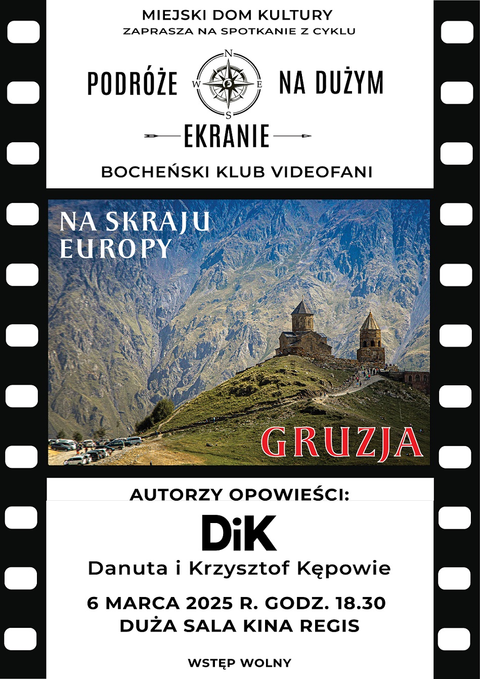 Plakat informujący o spotkaniu z cyklu Podróże na dużym ekranie - szczegóły w poście