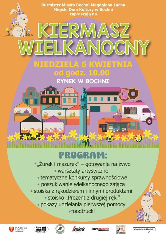 Plakat informujący o kiermaszu wielkanocnym - szczegółowe informacje w poście