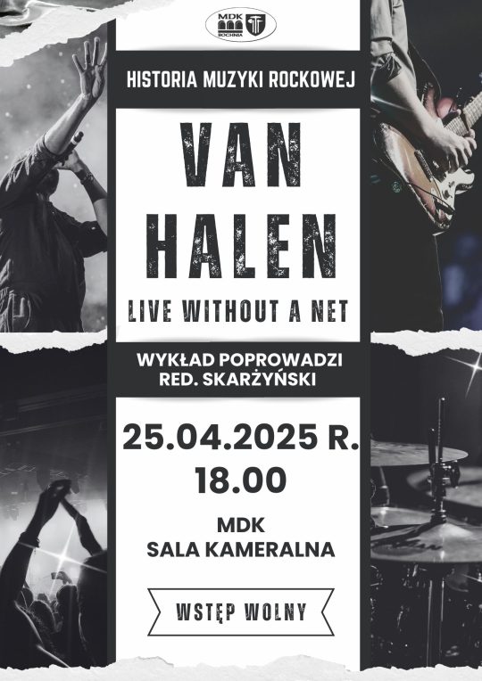 Plakat informujący o kolejnym spotkaniu z cyklu Historia muzyki rockowej - szczegóły w poście