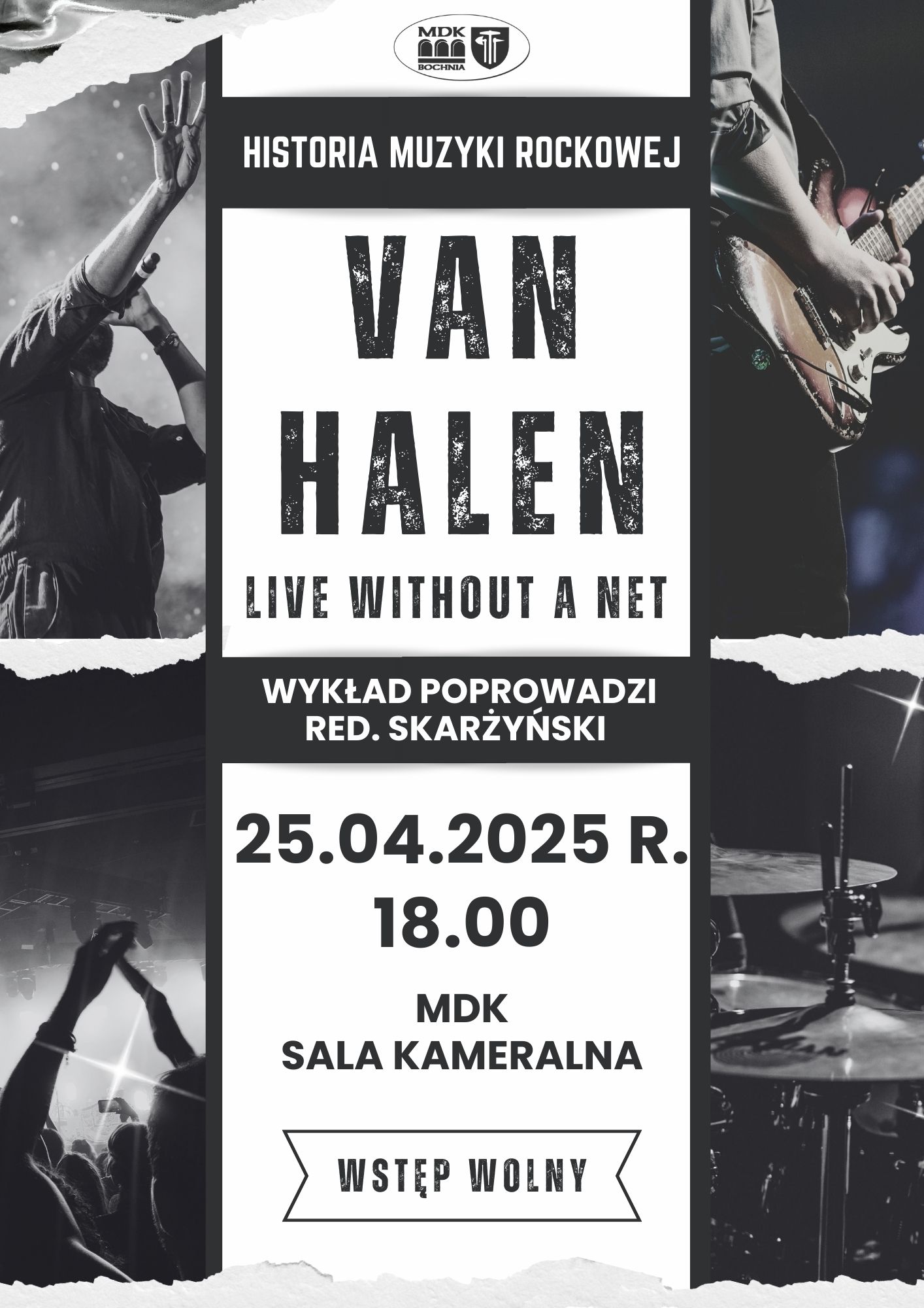 Plakat informujący o kolejnym spotkaniu z cyklu Historia muzyki rockowej - szczegóły w poście