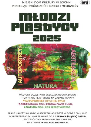 Plakat informujący o przeglądzie twórczości dzieci i młodzieży ,,Młodzi Plastycy 2025"