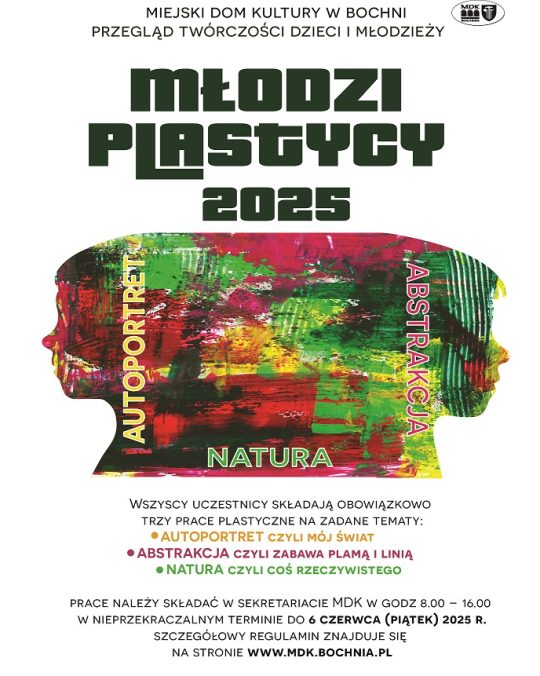 Plakat informujący o przeglądzie twórczości dzieci i młodzieży ,,Młodzi Plastycy 2025"