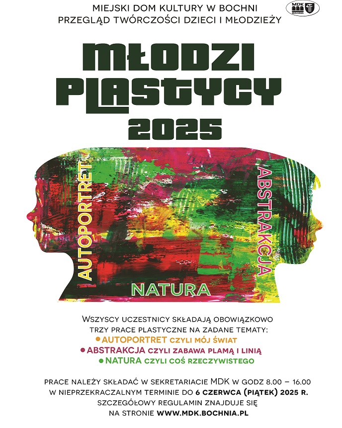 Plakat informujący o przeglądzie twórczości dzieci i młodzieży ,,Młodzi Plastycy 2025"