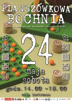 Plakat informujący o kolejnym spotkaniu w ramach Planszówkowej Bochni 24.05.25 r. - szczegóły w poście