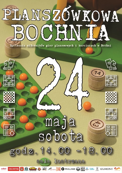 Plakat informujący o kolejnym spotkaniu w ramach Planszówkowej Bochni 24.05.25 r. - szczegóły w poście