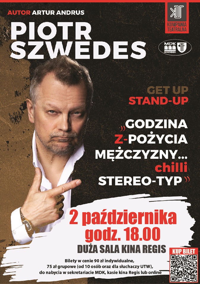 szwdes stand up Plakat informujący o stand upie Piotra Szwedesa - szczegóły obok
