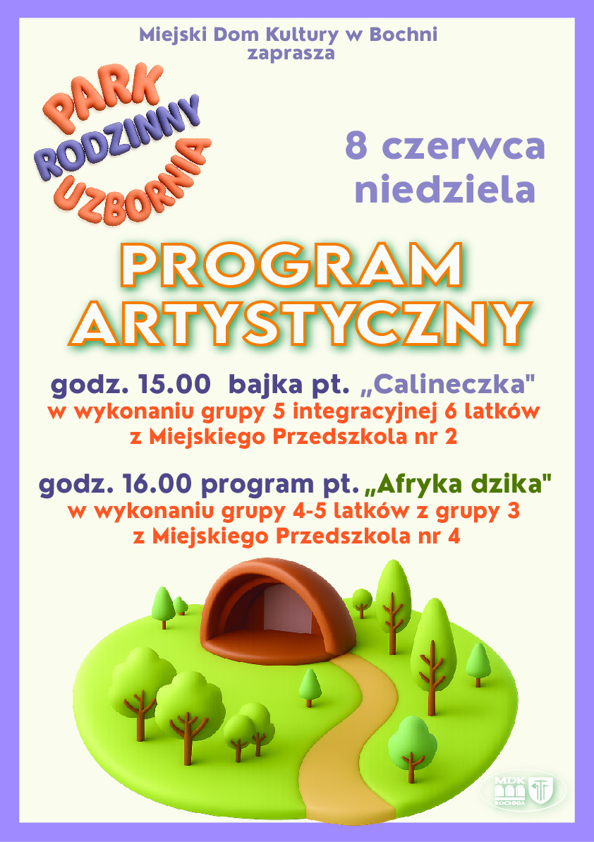 Plakat informujący o programie artystycznym przygotowanym przez dzieci z miejskiego przedszkola nr 2 i 4 - szczegóły w poście