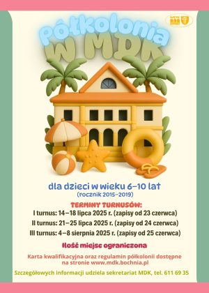 Grafika promująca półkolonię letnią w mdk szczegóły w poście