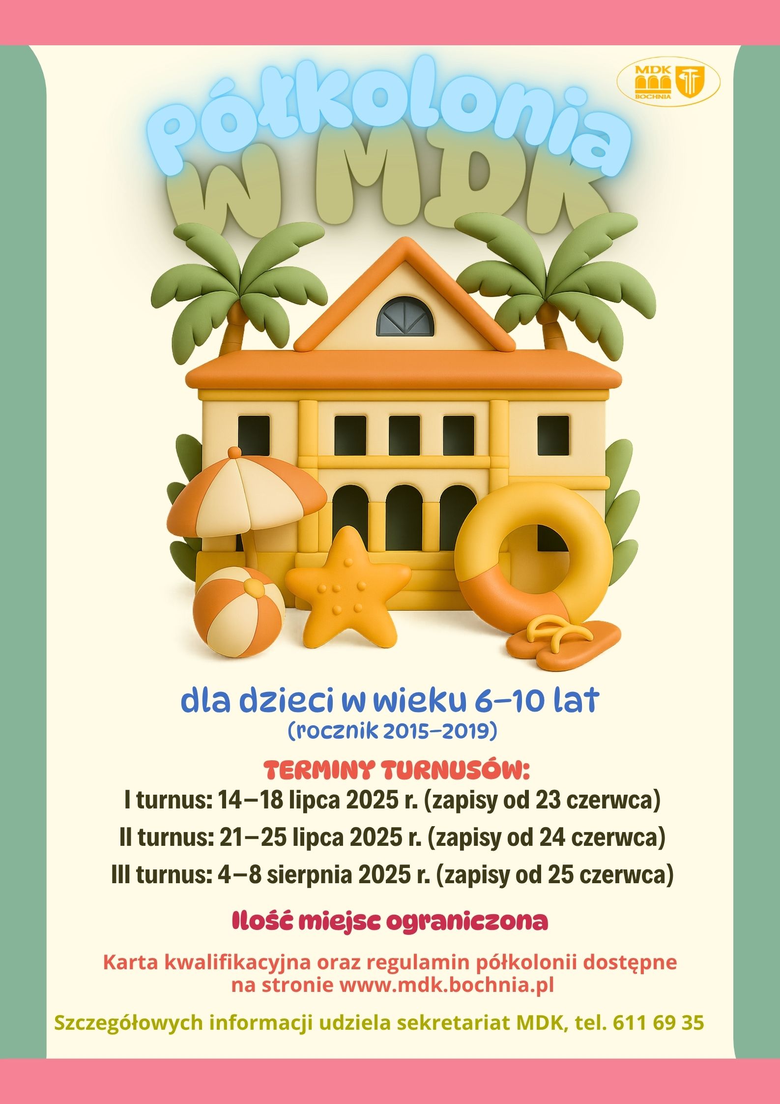 Grafika promująca półkolonię letnią w mdk szczegóły w poście