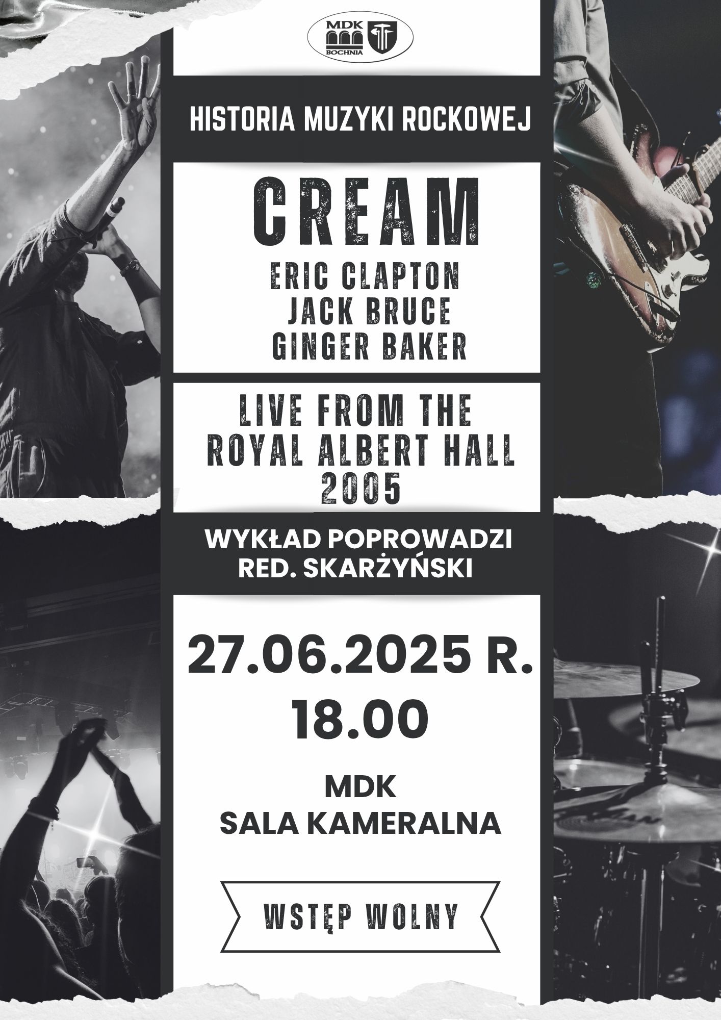 Plakat informujący o kolejnym spotkaniu z cyklu Historia muzyki rockowej - szczegóły w poście