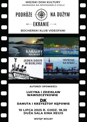 Plakat informujący o spotkaniu z cyklu Podróże na dużym ekranie - szczegóły w poście