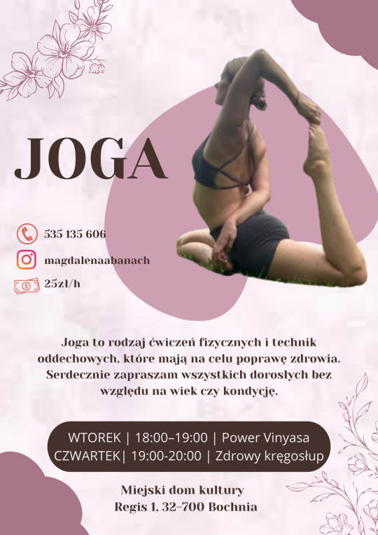 Plakat informujący o zajęciach z jogi które odbywają się we wtorki w godz 18-19 i w czwartki 19- 20