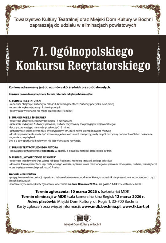 71 Ogólnopolski Konkurs Recytatorski - szczegóły w poście