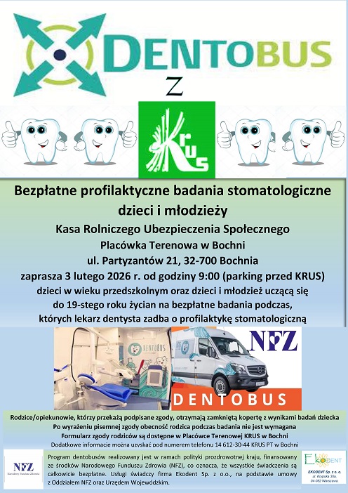 Dentobus - bezpłatne profilaktyczne badania stomatologiczne dla dzieci i młodzieży 3 lutego od godz. 9 parking przed Kasą Rolniczego Ubezpieczenia (KRUS) społecznego